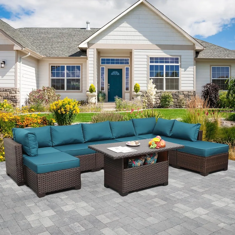 

9 Pieces Furniture Set Outdoor PE Rattan Sectional Conversation Sofa Set with Cushions and Storage Table Or a fire pit table