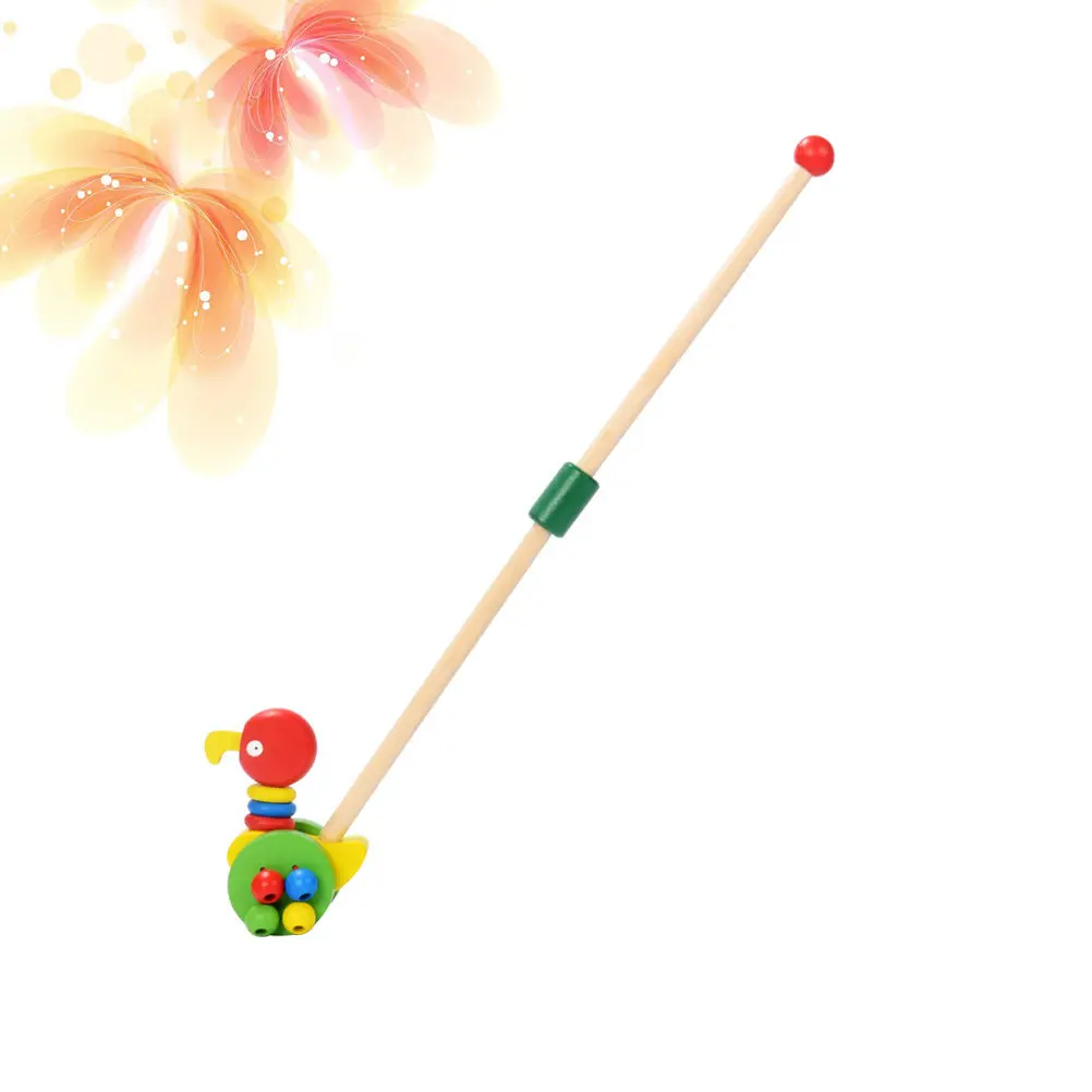 1Pcs Baby Infant Early Childhood Wooden Baby Walker Cartoon Shape Bright Color Educational Pushing Single Pole Step Cart Music