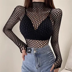 Seksowna koszulka dla kobiet Goth Black Skinny Mesh See Through Koszulki z długim rękawem Pullover Crop Top Gothic Turtleneck Streetwear