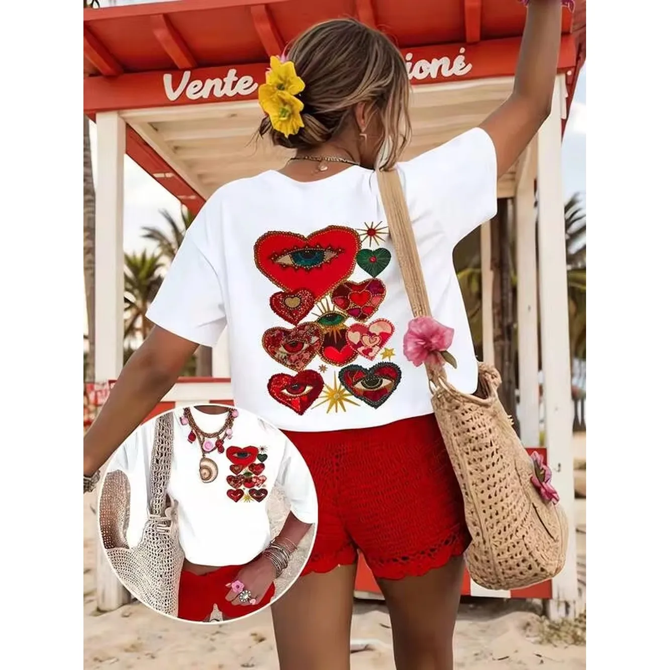 New Summer 2026 Collection Women's Heart Eyes Sun Graphic Oversized Round Neck Short Sleeve 100% Cotton T-Shirt Soft Free Shipping.