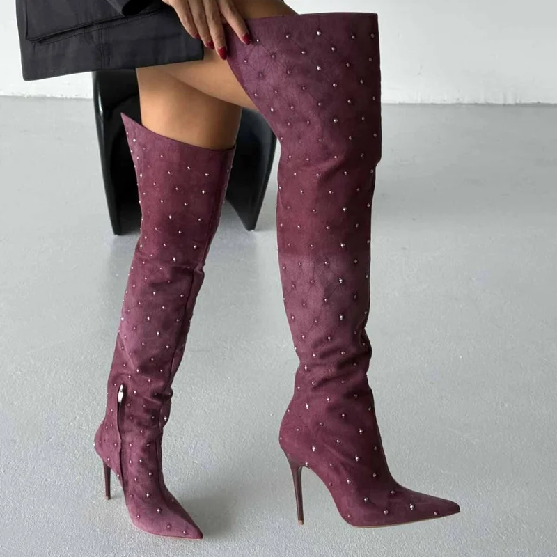 Metal Rivet Slouchy Over The Knee Boots Sexy Pointed Toe Stiletto Zipper Customized New Arrivals Fashion Women Modern Boots