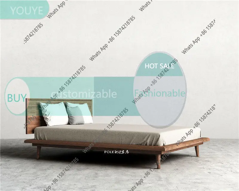 H-J Nordic Home Black Walnut Double Bed American Country Flat Bed Japanese Pure Solid Wood Bed Nordic Hard Minimalist Italian Mi