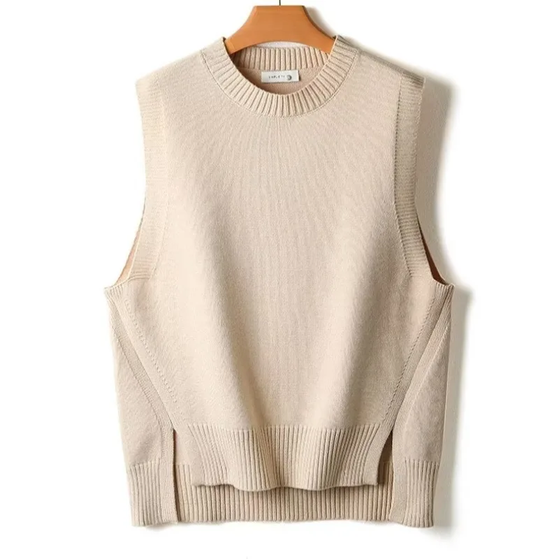 Sweater Man O-Neck Knit Vests for Men Slit Loose Solid Color Waistcoat Clothing  2026 Korean Clothes High Quality