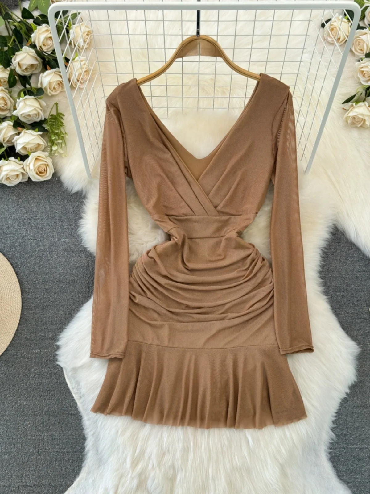 Sexy V-Ne Low-Bust Bal A-Line Skirt Dr Women's Faionable Midi Length Lace Trim Pleated Slimming Me Overlay Dr