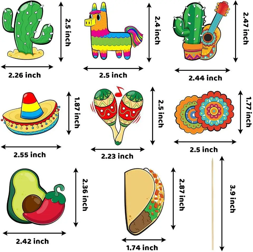 Mexican Carnival Cake Toppers, Cinco-De-Mayo Festa, Day of the Dead Elderade Los Muertos Taco Cactus Pinata, Cake Inserts, 24Pcs