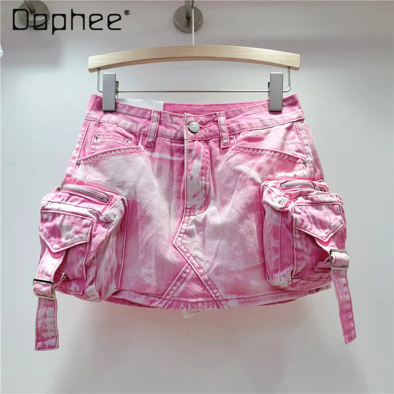 

Washed Large Pocket Pink Y2k Denim Cargo Skirt Harajuku Hot Girl A- Line Slim-Fit Wrap Hip Mini Skirt Vintage Women Summer