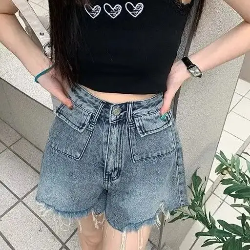 Retro Wash Fur Edge Denim Shorts Women Summer New Niche Design Hot Girl High Waist Slim Loose Wide-Leg A-Line Pants