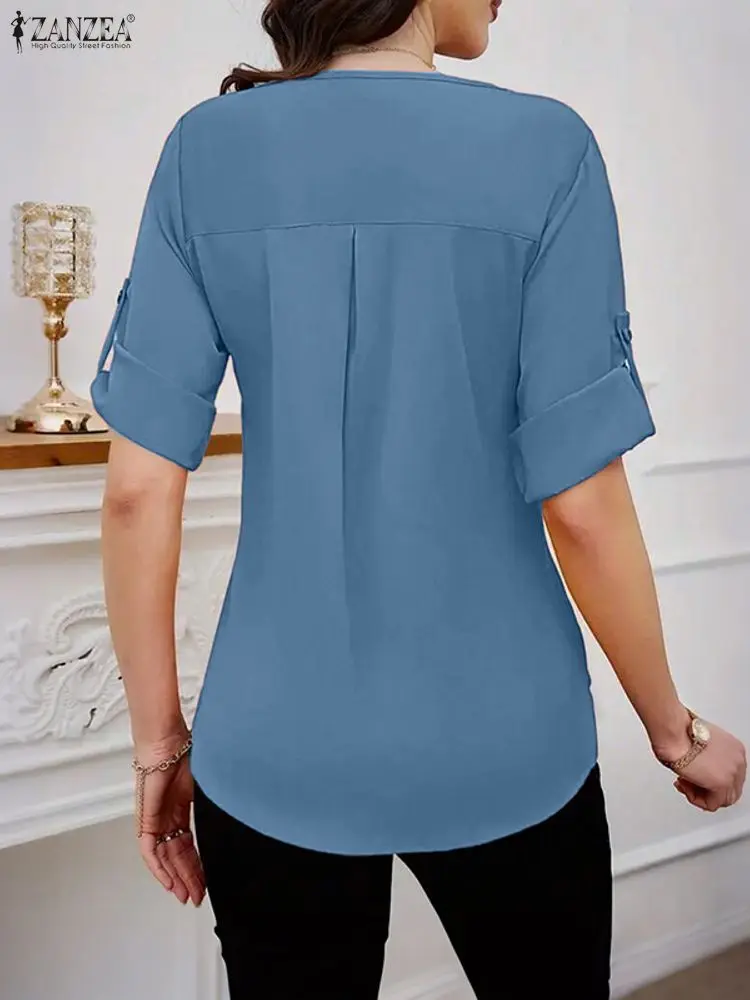 ZANZEA, camisas a la moda para mujer, blusa elegante con manga 3/4, Tops tipo túnica informales con estilo 2021, Blusas coreanas plisadas para oficina para mujer