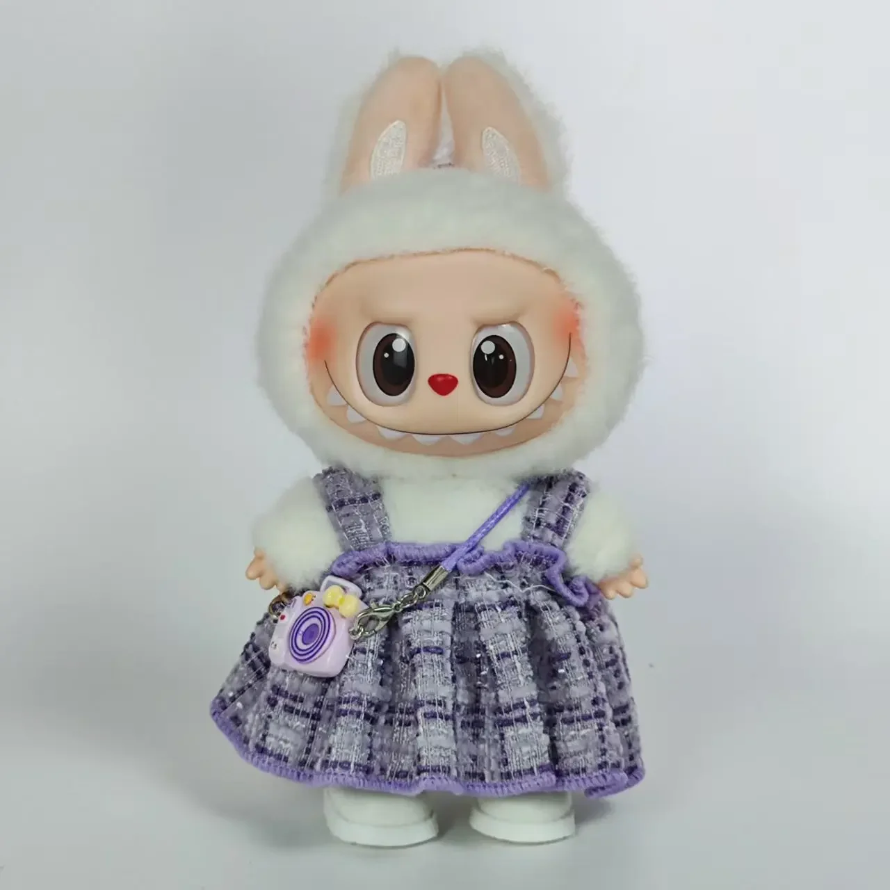 Kleding voor Labubu 1e/2e/3e generatie hangende outfits - paarse geruite overall voor zittende poppen