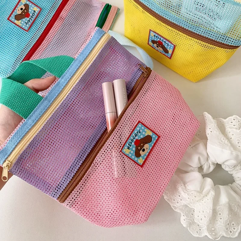 Small Mesh Tote Bag for Women Cute Beach Essentials Handbag Stylish Color-Block Makeup Organizer Travel Cosmetic Storage Bag