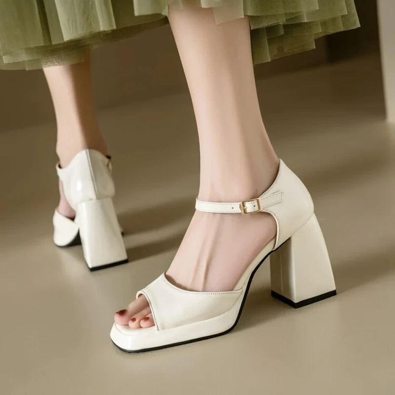 ORCHALISA Elegant 9cm Thick Heel Women Sandals Shoes Spring 32 33 41 42 43 45 46 One Buckle Peep Toe Patent Leather High Quality