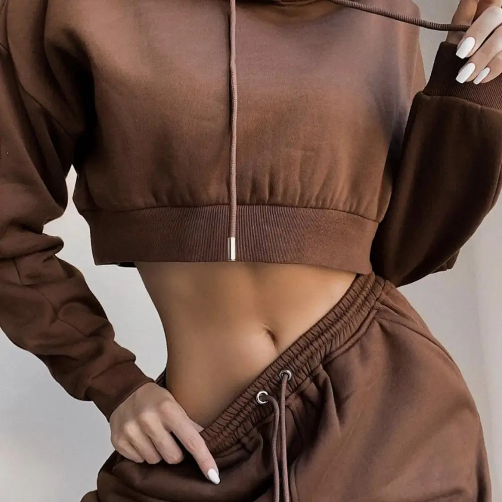 2 Pcs Women Fall Hoodie Pants Set Long Sleeve Thick Hooded Short Top Elastic Waist Loose Sweatpants Winter Tracksuit Pansuit