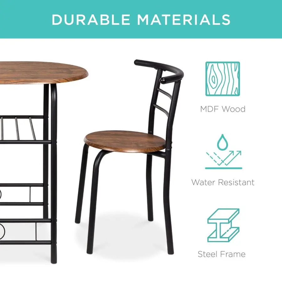 3Piece Wooden Round Table amp Chair Set for Kitchen, Dining Room, Compact Space w Steel Frame, Builtin Wine Rack Black Brown