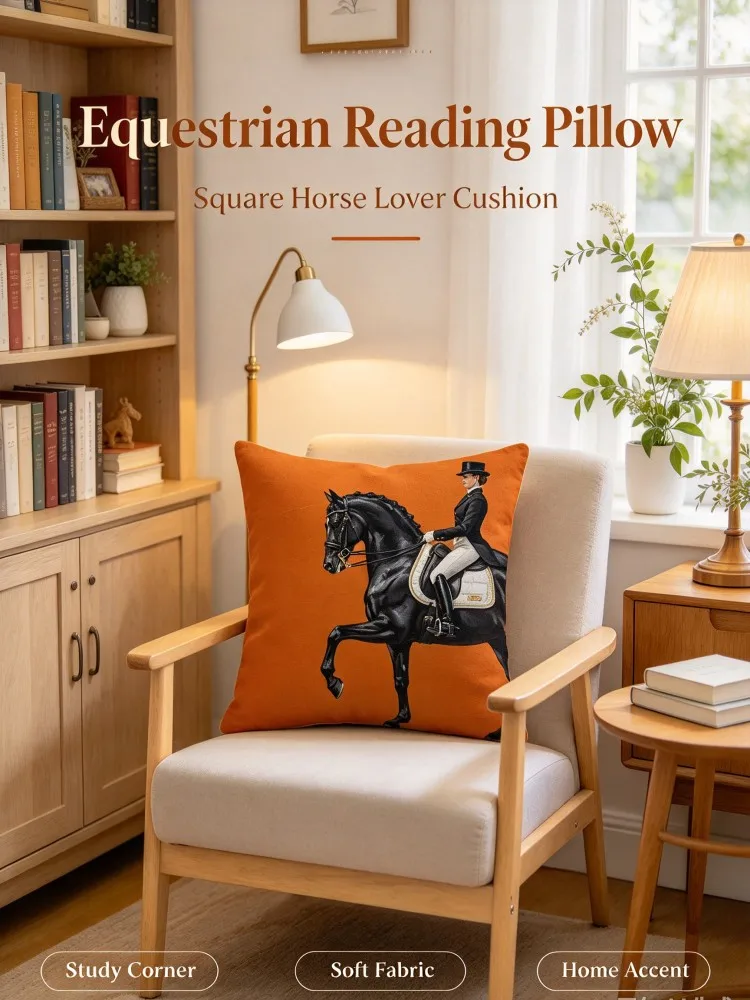 Equestrian Decorative Square Pillow, Orange Horse Show Cushion with Black Horse and Rider Print, Soft Fabric Pillow for Sofa B