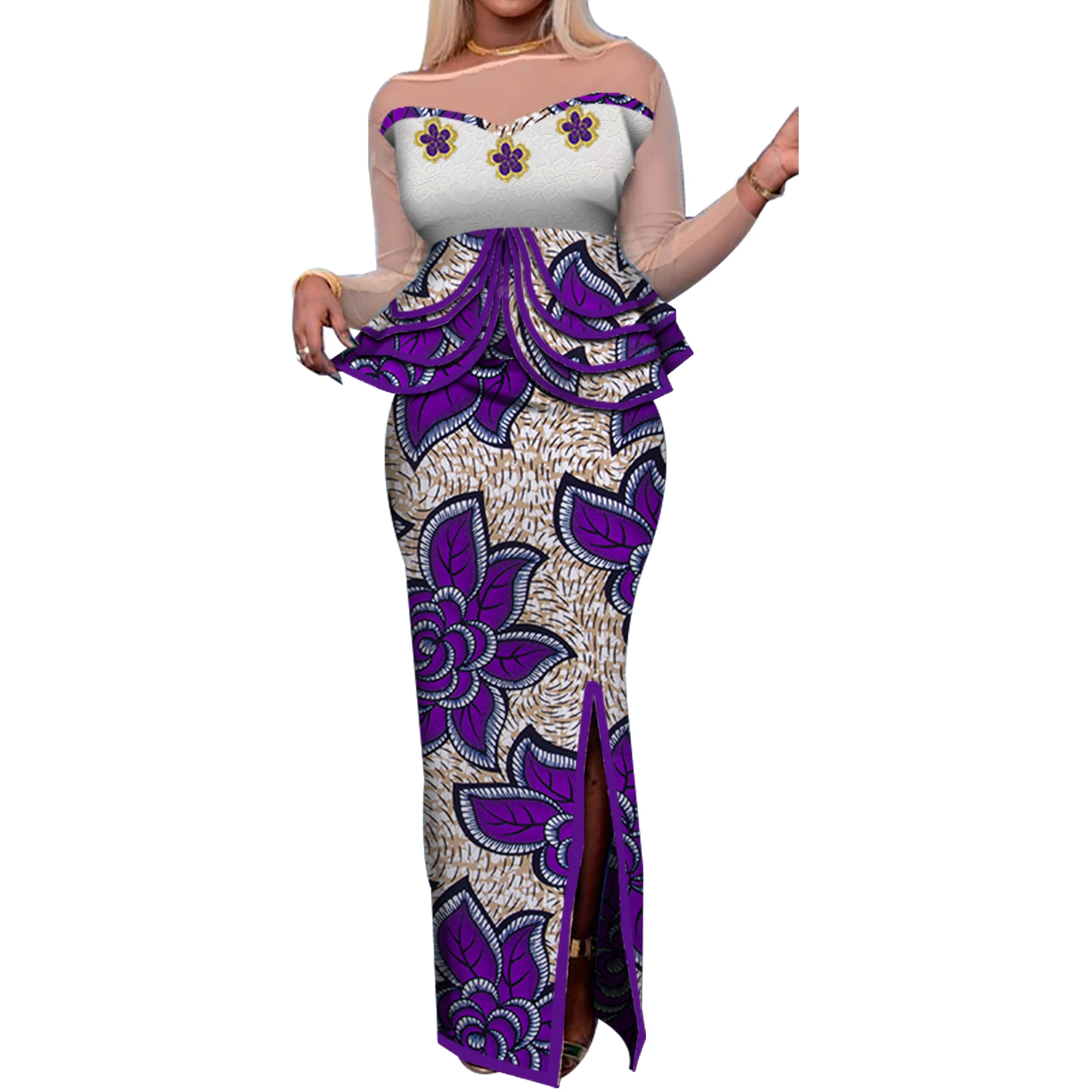 

2pcs Lace Long Sleeve Skirt for Women Party Wedding Dashiki African Women Top and Skirt Set African Clothes WY4989