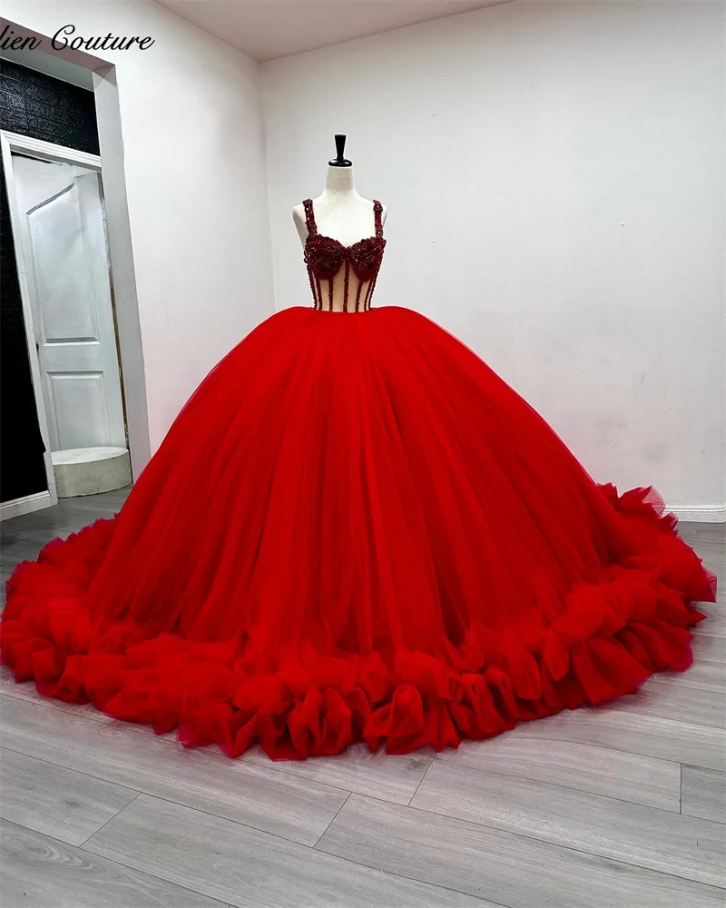 2024 Red Quinceanera Dress Ruffles With Beaded Crystal Corset Sweet 16 Birthday Party Formal Wear Dress Vestidos De 15 Años