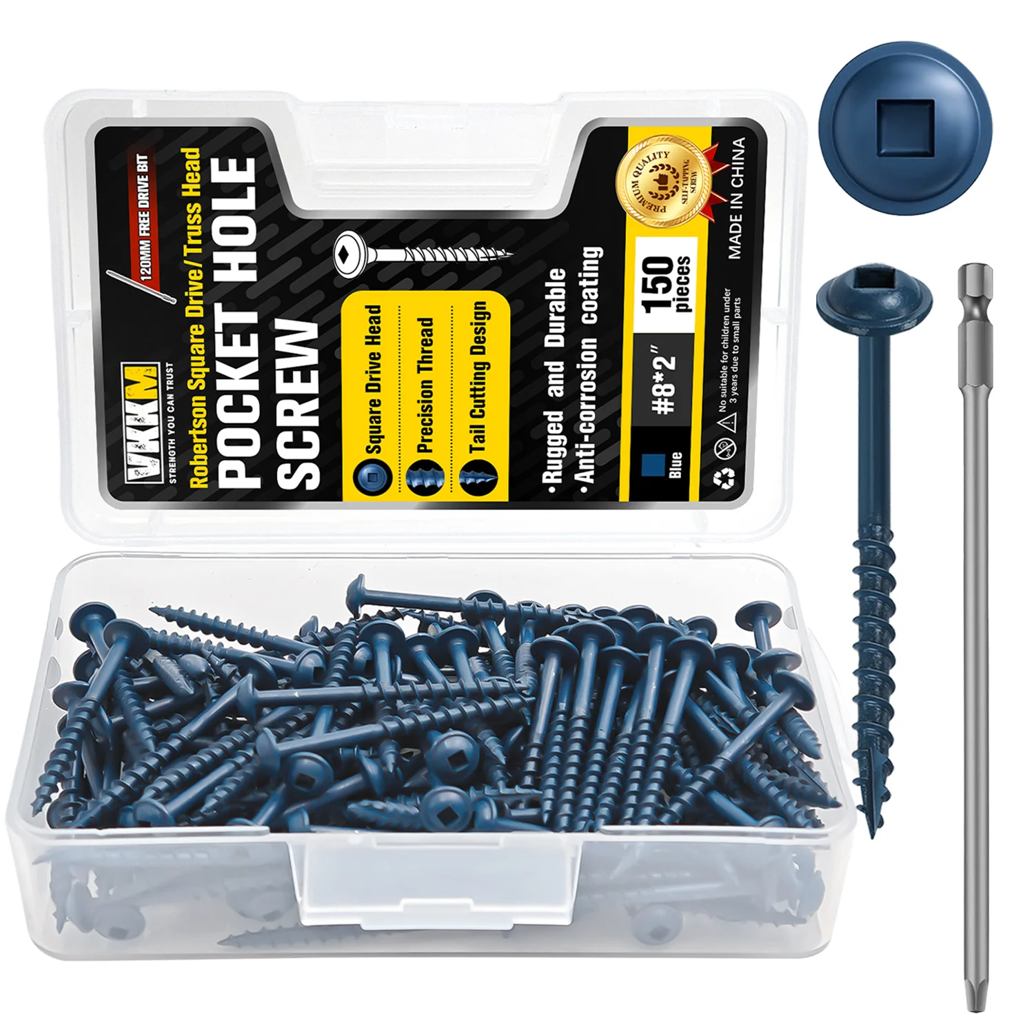 

150Pcs #8 x 2" Blue Pocket Hole Screws, Robertson Square Drive Truss Head Self-Tapping Wood Screws