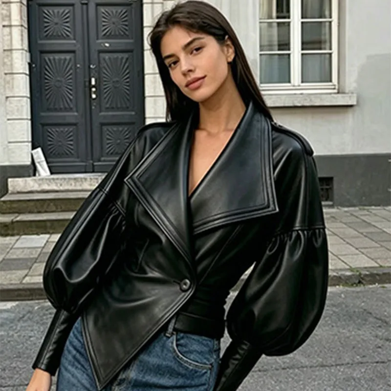 European and American  Large Lapel Lantern Sleeve Cinched Waist Faux Leather Jacket, Pleated Slimming Motorcycle Leather Jacket