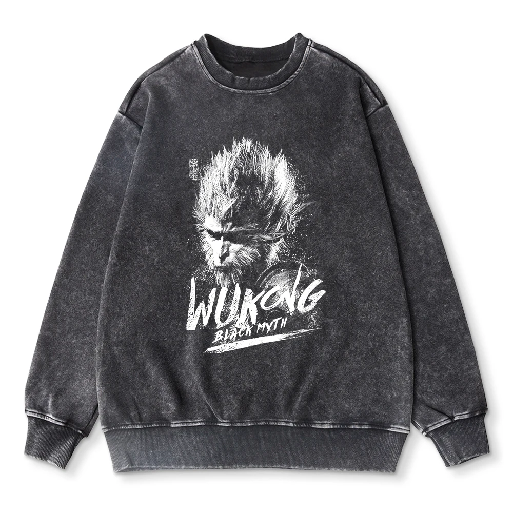 Oversize Men Woman Washed Sweatshirt Black Myth Wukong Prints Hoodie Autumn Cotton Crewneck Pullover Casual Couple Streetwear