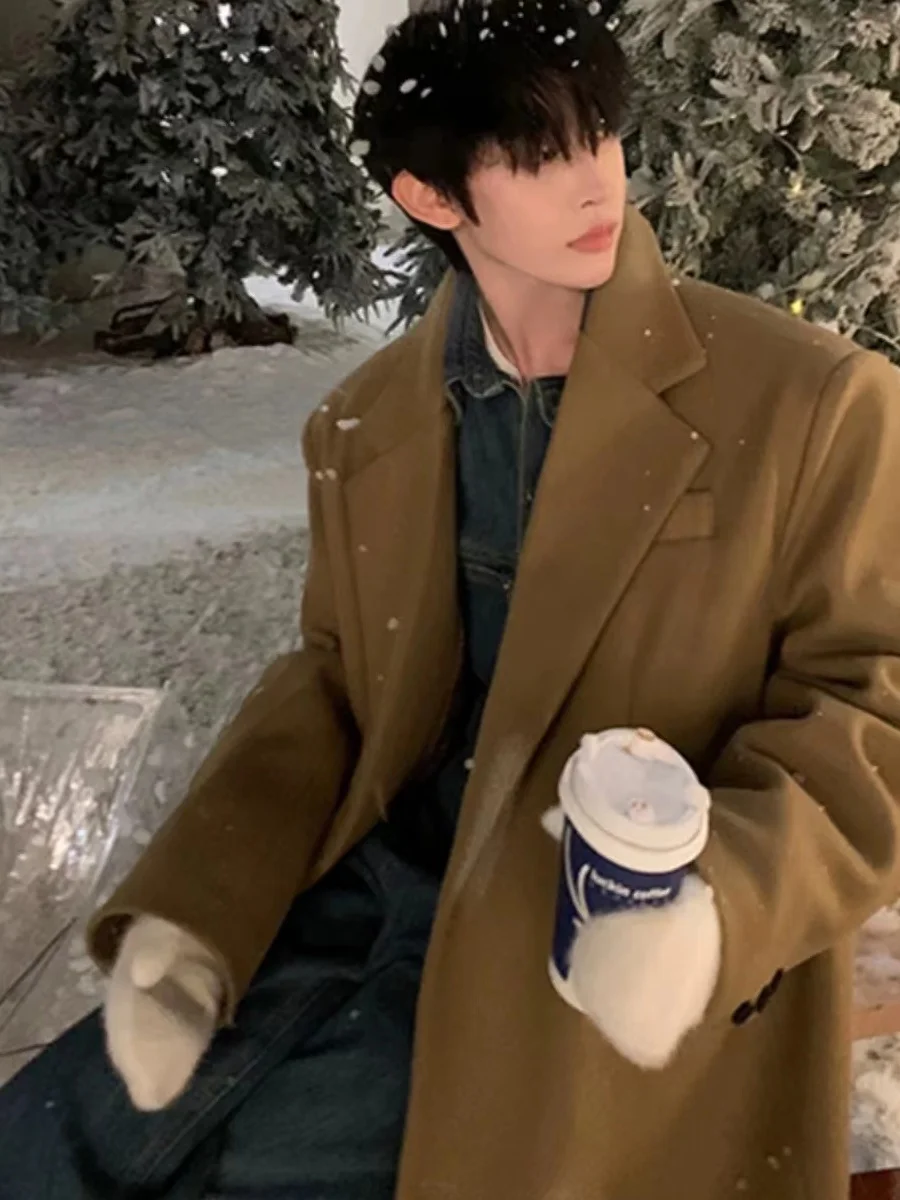 

Autumn Winter Men's Tweed Coat Long Over-Knee Suit Jaet Trendy High-End Feeling Casual Straight Hemline Spring Youth Faion