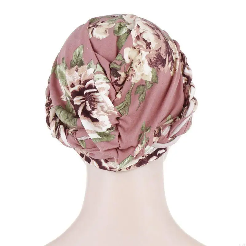 Muslim Womens Turban Hat Colored Floral Leaves Print Indian Beanie Headwrap Twis Y08E