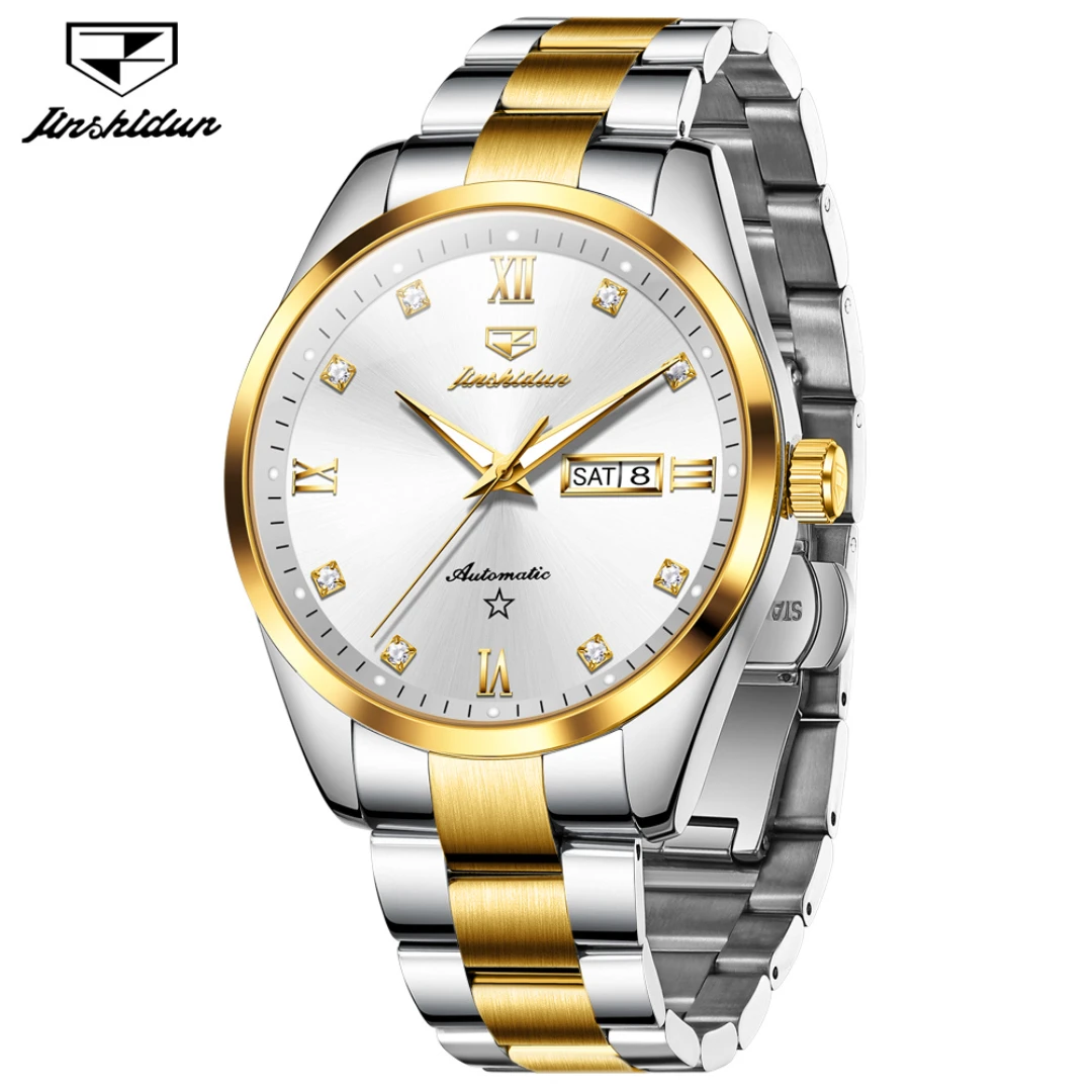 

JSDUN 8963 Mechanical Fashion Watch Gift Round-dial Stainless Steel Watchband Wristwatch Week Display Calendar Luminous