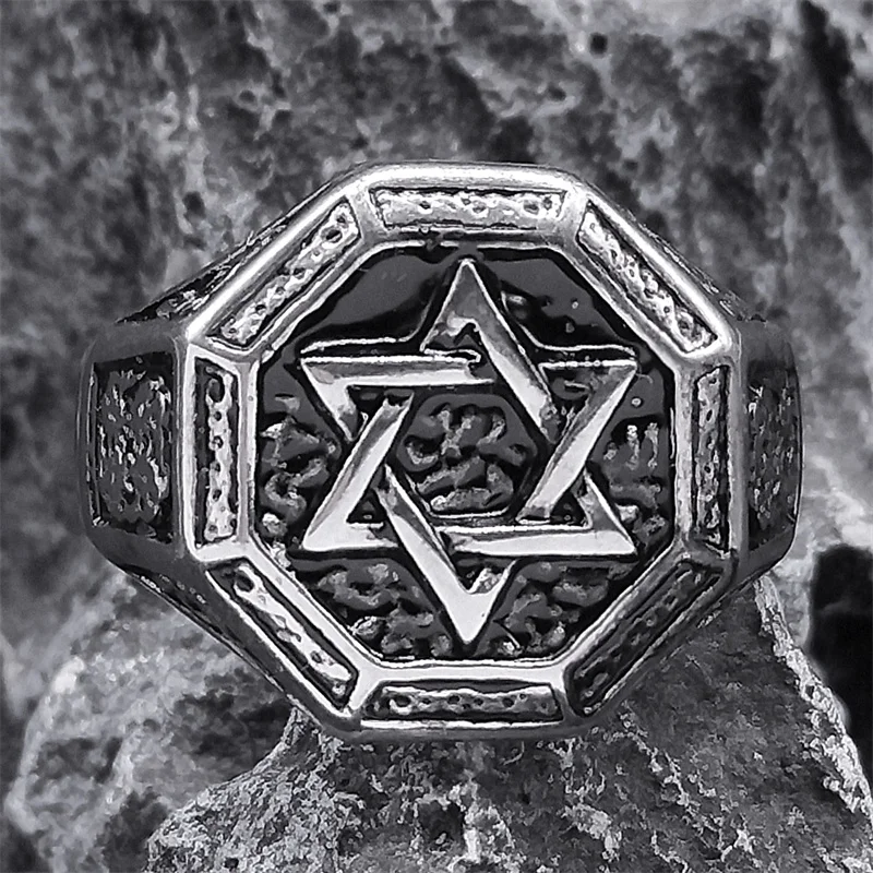 Jewish Vintage Punk Hexagram Star of David RingcMen Stainless Steel Male Boy Biker Jewelry Creativity Gift Wholesale R592S03