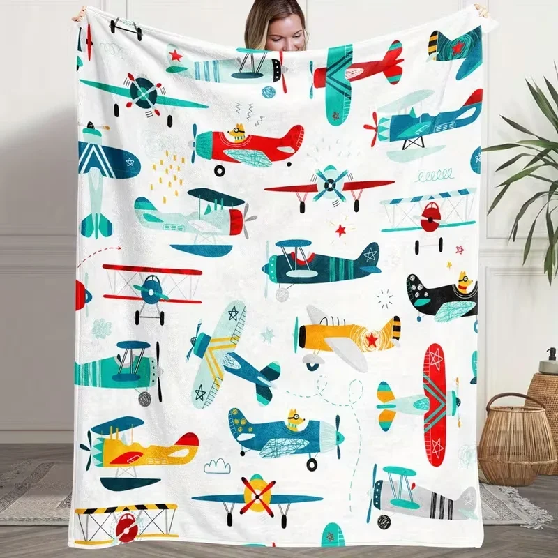 Cartoon Vintage Airplane Blanket Colorful Biplane Aircraft Print Soft Cozy Blanket for Playroom Sofa Decor