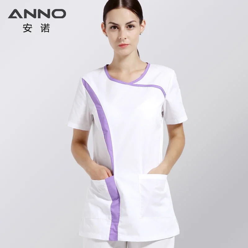 Anno branco manga curta uniformes de enfermeira algodão esfrega para mulheres fino ajuste o pescoço verão salão de beleza uniformes roupas
