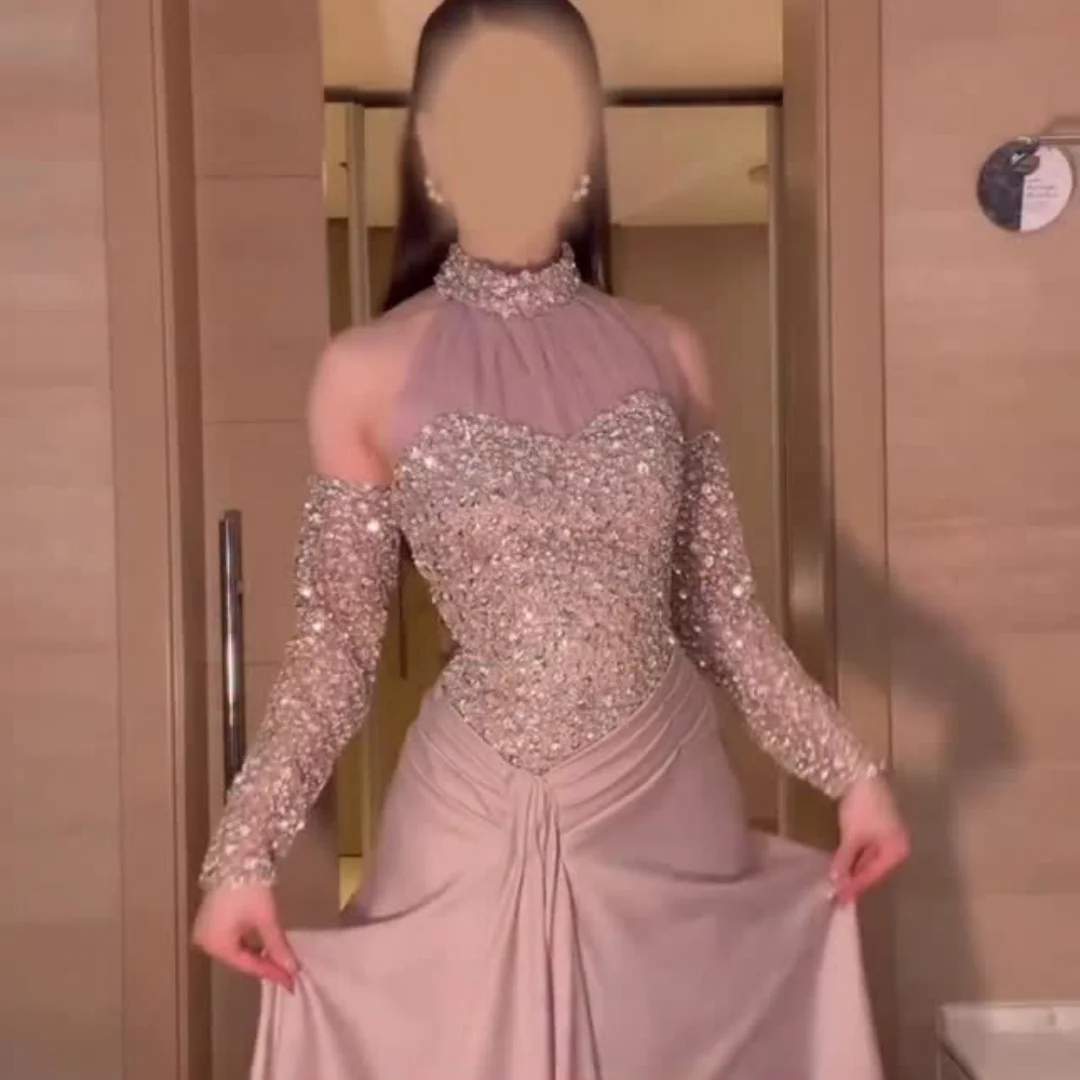 Bella Customized Dusty Pink Beaded High Neck Prom Dress Long Sleeve robes de soirée Chiffon Formal Evening Gown for Women 2026