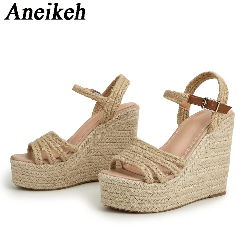 Aneikeh 2024 Platform Wedge Sandals Women\'s Summer Fashion Trend Narrow Band Braid Buckle Strap Gladiator Wedge Heel Shoes 36-43