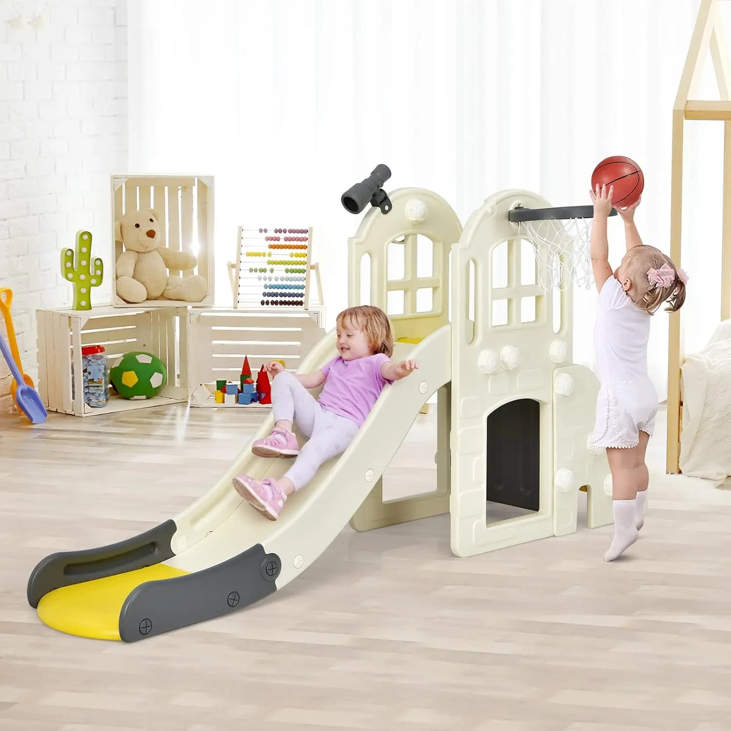 Toddler Large Slide, 6 in 1 Slide for Kids with Basketball Hoop, Ring Toss, 2 in 1 Convertible Climbing Way, Freestanding Kids S