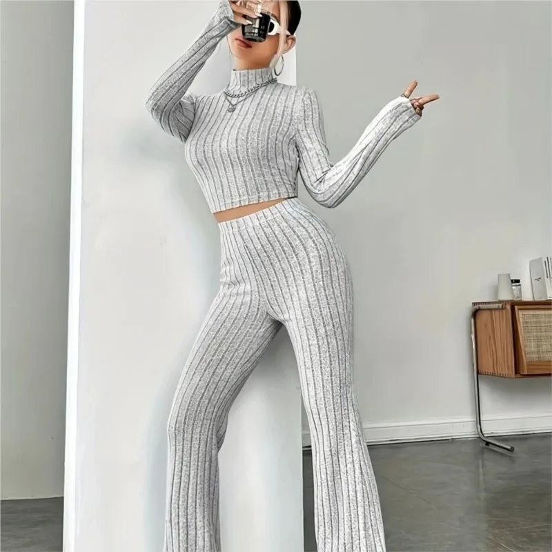 

Fashionable Solid Color Striped 2-Piece Set Zipper Long Sleeve Cropped Top And High-Waisted Bell-Bottom Pants Women's Casual