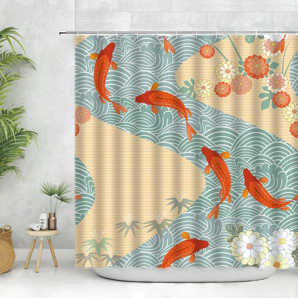 Chinese Style Goldfish Shower Curtain Set Koi Fish Watercolor Waves Wall Decorate White Cloth Bathroom Curtains Polyester Fabric