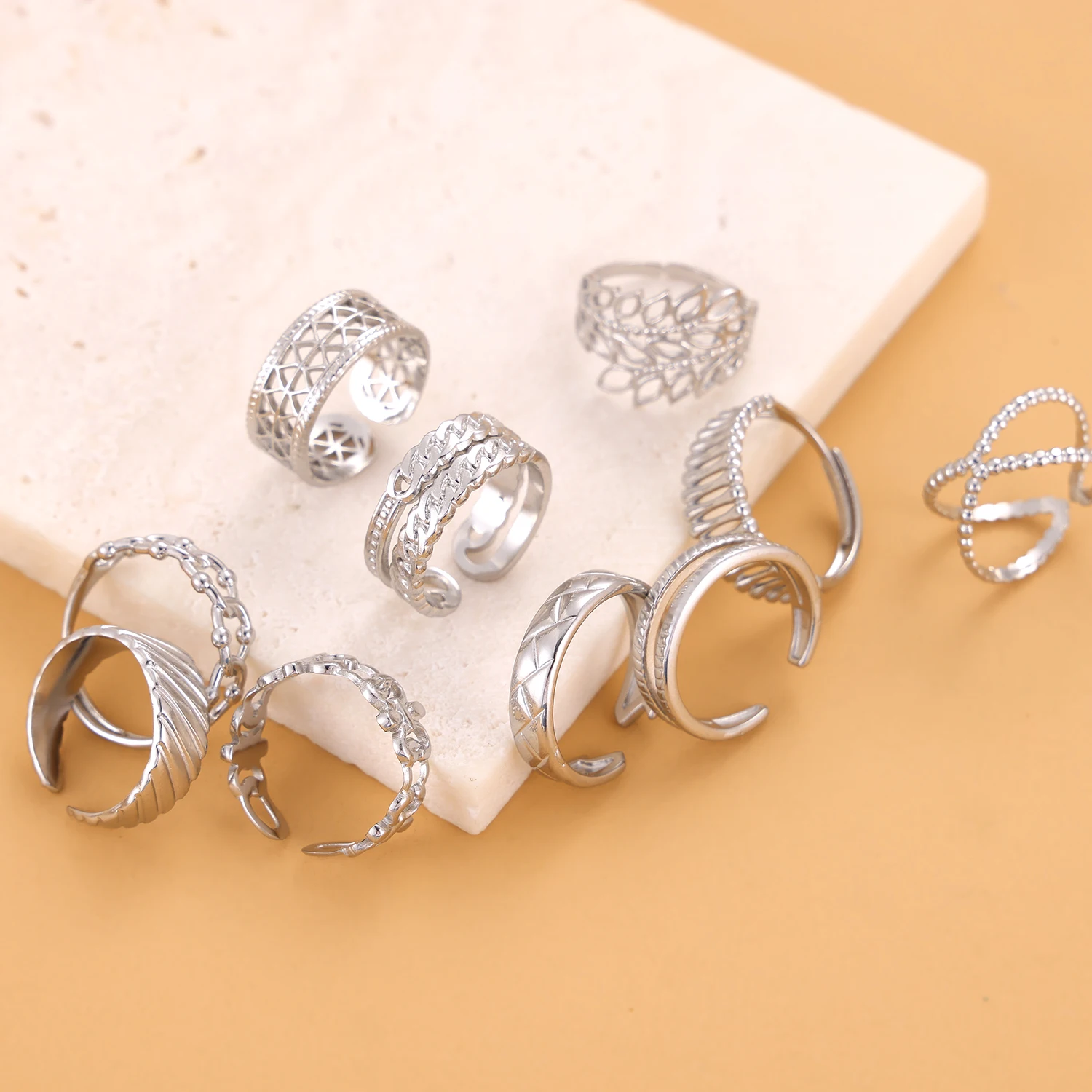 CARLIDANA Geometric Ins Rings Stainless Steel Silver Color Hollow Chunky Cross Multi-Layer Open Rings for Women Jewelry