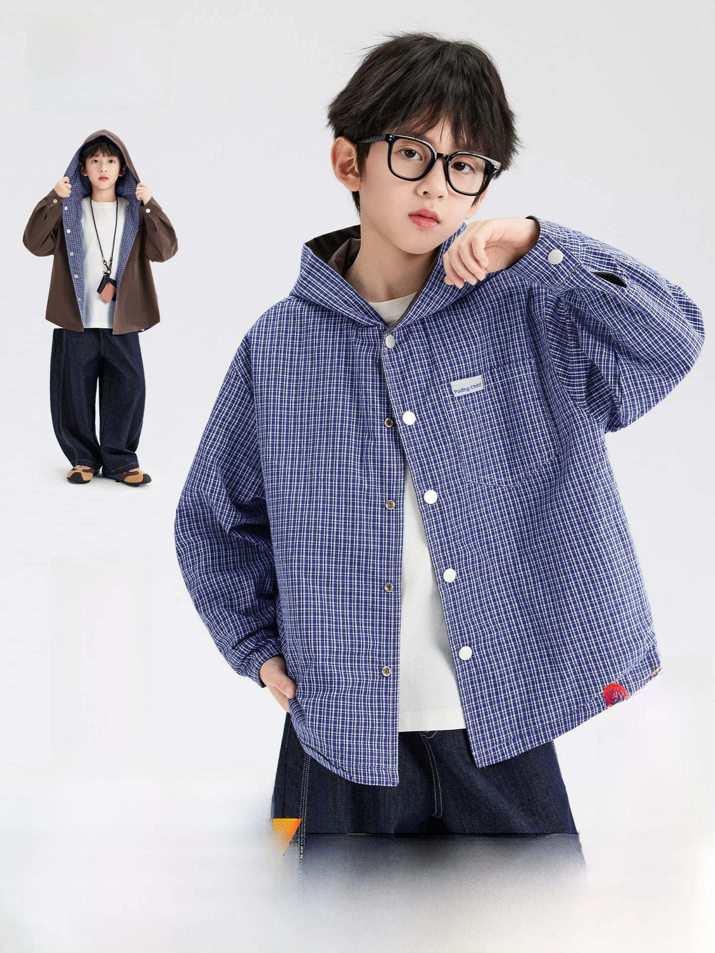 Loose Fit Plaid Windproof Double-Sided Wear Children's Hooded Jacket Korean Style Polyester Fiber Autumn Season Boys' Coat