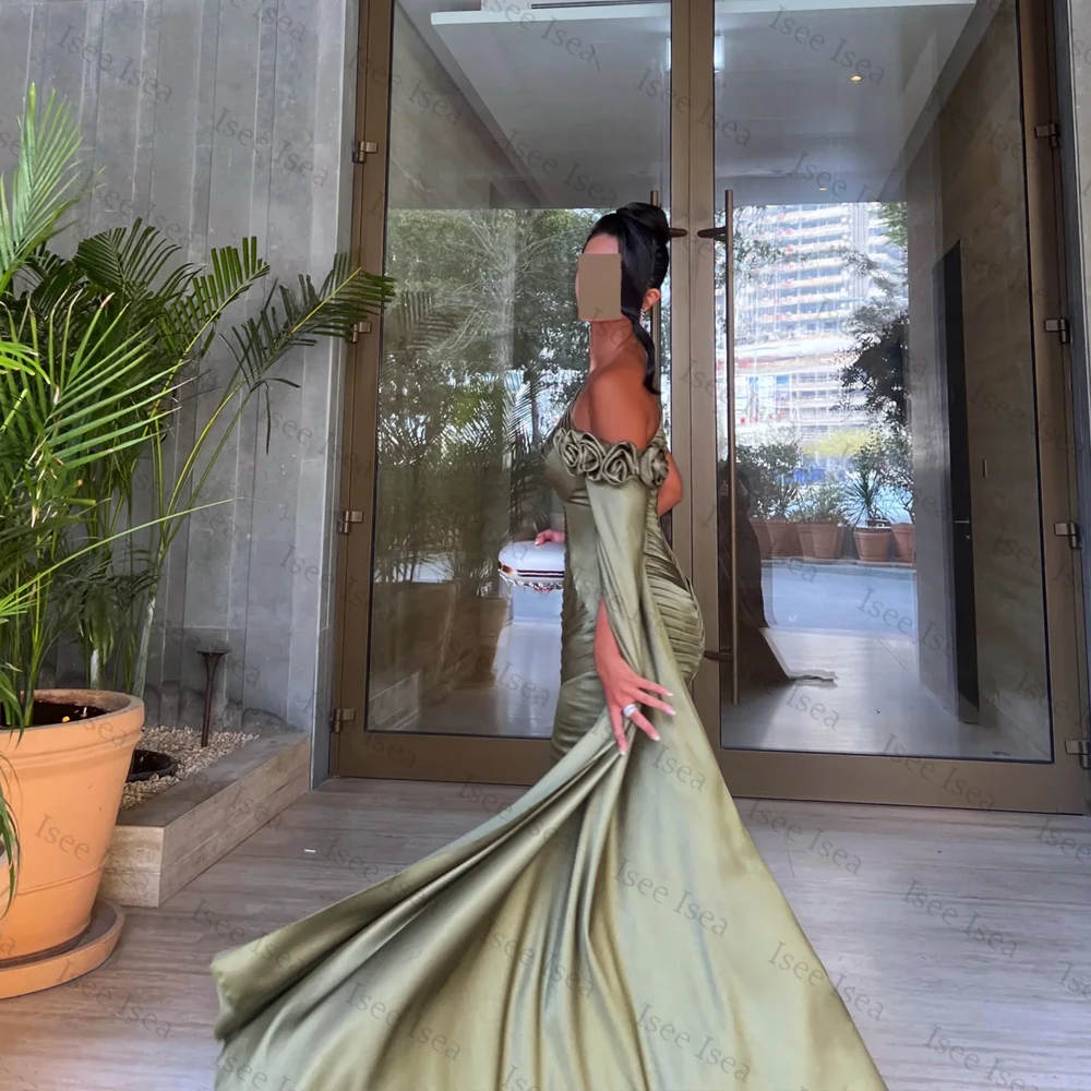 

Pleat Prom Dresses One Shoulder Flowers Saudi Arabia Evening Dresses Woman For Wedding Party Mermaid Sweep Train Customized