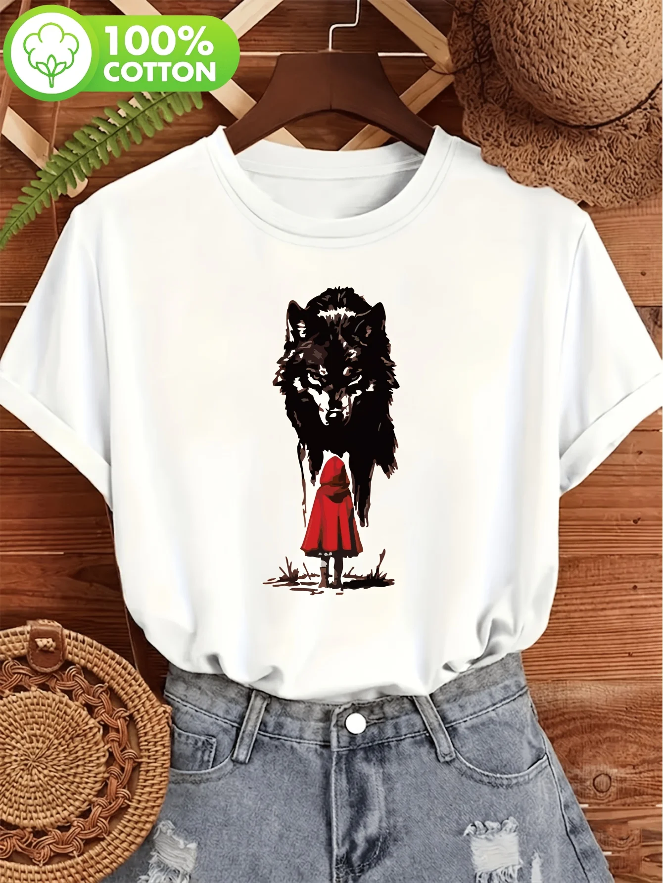 Ladies' Fairy Tale Style Printed T-shirt with Small Red Riding Hood and Big Bad Wolf Silhouette Pattern T-shirt Dark Fairy Tale