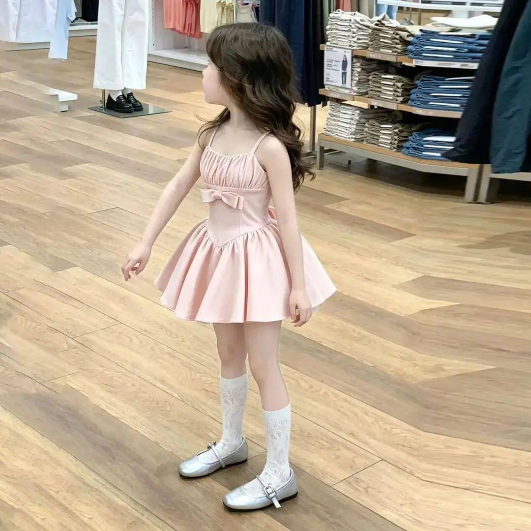 Girls' Summer Sweet Dress 2026 New Pink Bow Strap Skirt Little Girls' Waist Princess Short Skirt