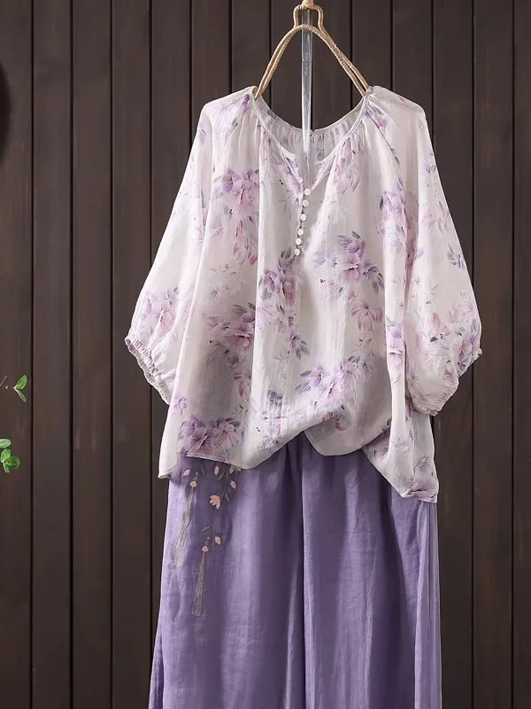 

Summer Thin Cotton Linen ort Sve T-irt Women's Loose Casual V-Ne Print Top Five Sve Headwear Commute Sle