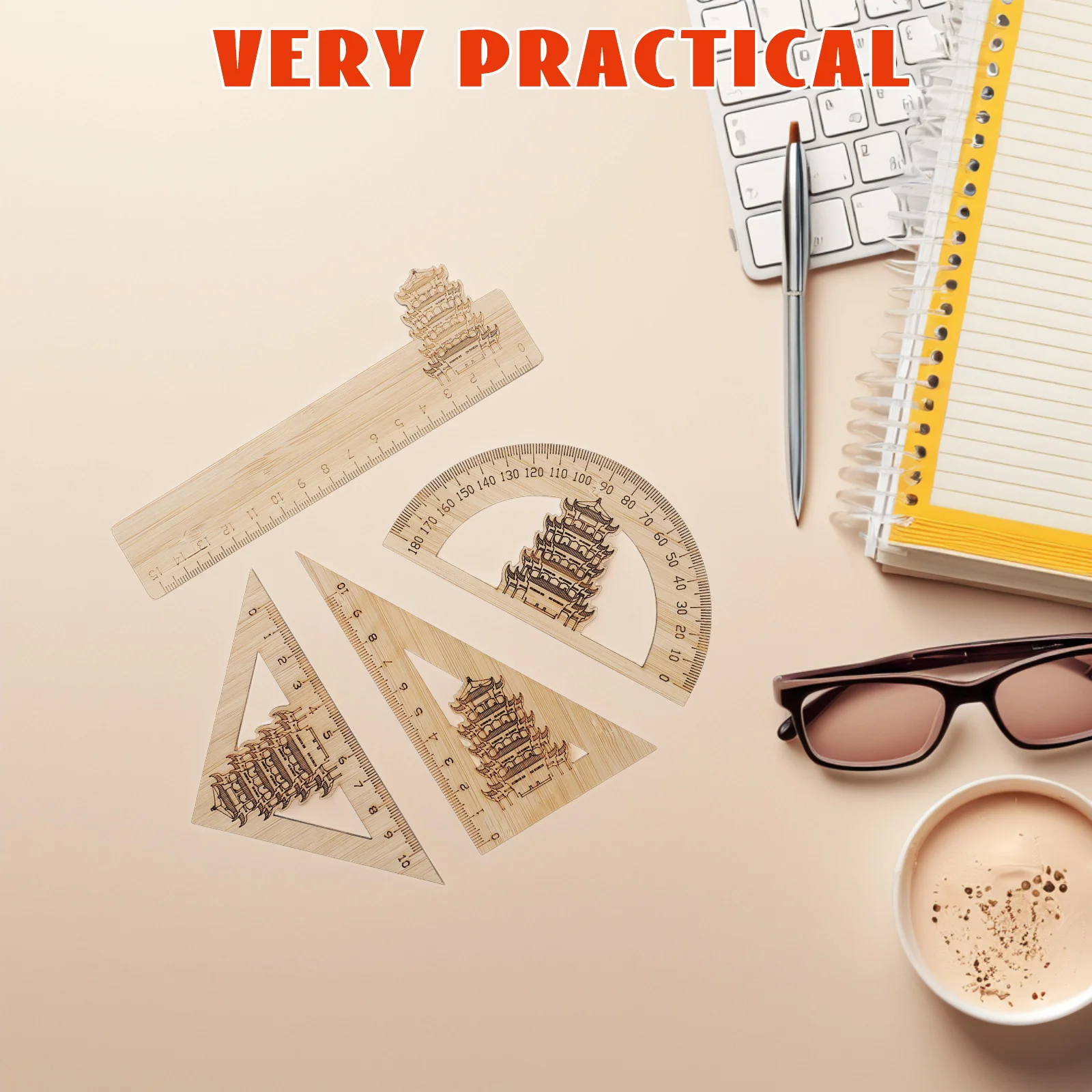 4Pcs Bamboo Ruler Set Chinese Yellow Crane Tower Design Geometry Tools Multi-Purpose Measuring Stationery for School Office