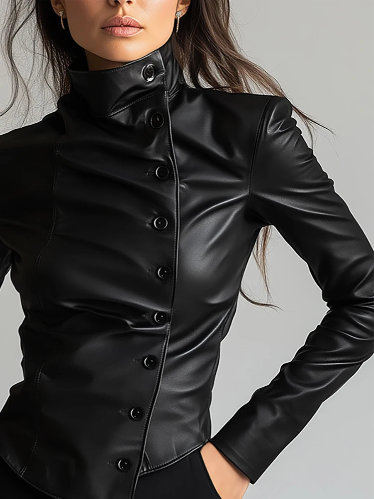 Elegancka damska koszula z wysokim kołnierzem ze skóry PU, czarna, zapinana na guziki, z długim rękawem, jesienne topy, damska moda high street, koszule ze skóry PU.