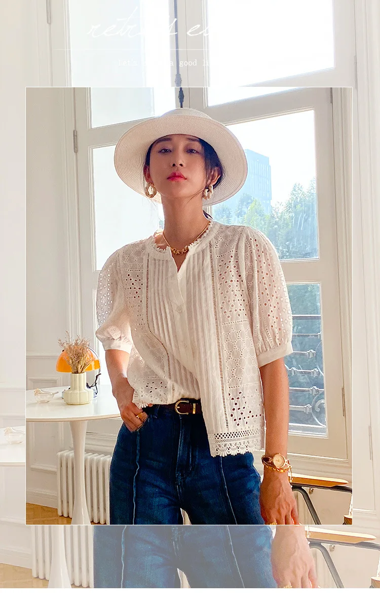Embroidered Bohemian Women\'s Casual Shirt 2024 Spring/Summer Vacation Hollow Out Ruffled Blouse Women Clothes