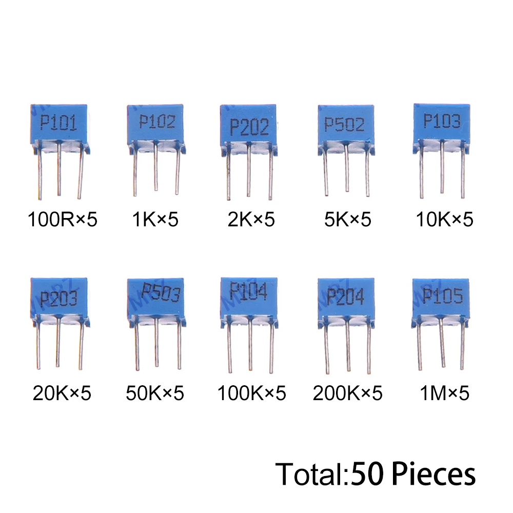 50PCS 10K 20K 50K 100K 200K 1M 3296W Multiturn Trimmer Potentiometer Kit 500R 1K 2K 5K High Precision 3296 Variable Resistor Set