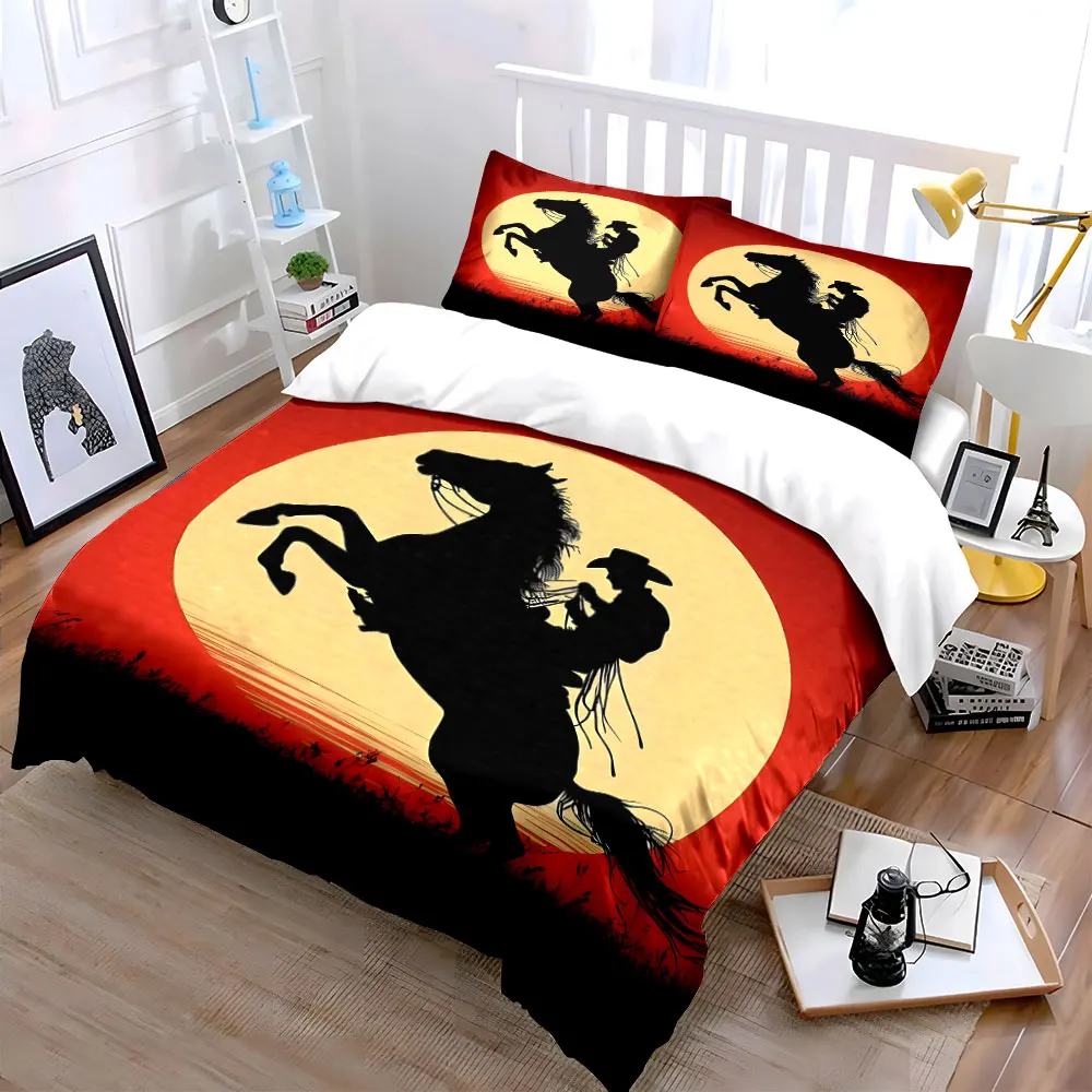 Silhouette of Rider with Sunset Bedding Set for Kids Luxury Gift 3pcs Digital Print Comforter Set Soft Comfortable Breathable