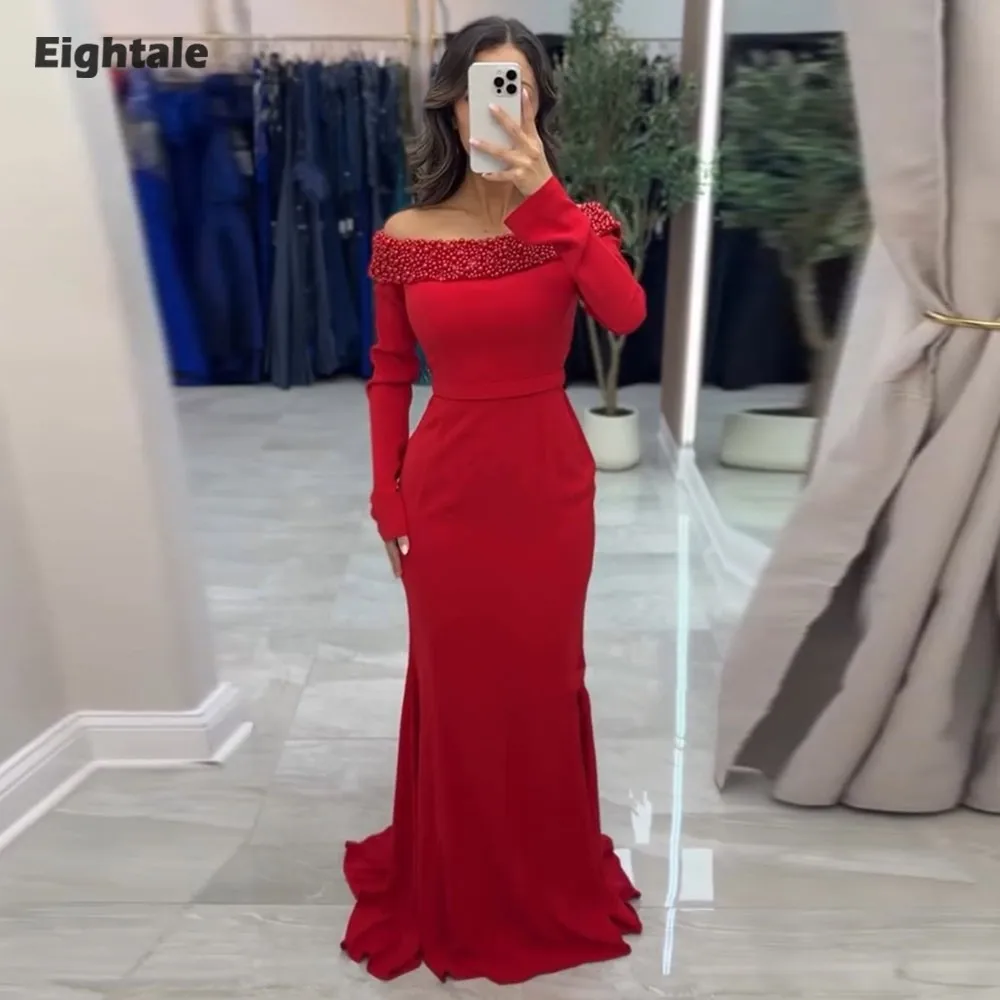 Suknia wieczorowa Eightale w stylu arabskim, dekolt okrągły, suknia balowa, szyta na miarę, długie rękawy, zdobiona koralikami, muzułmańska suknia ślubna typu syrena na przyjęcie.