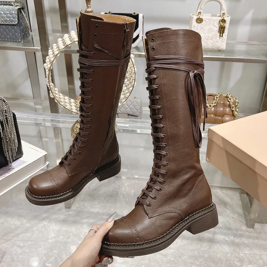 Brown Suede Leather Knee High Boots Women Round Toe Square Heel Long Black Boots Runway Lace Up Motorcycle Knee Boots For Women