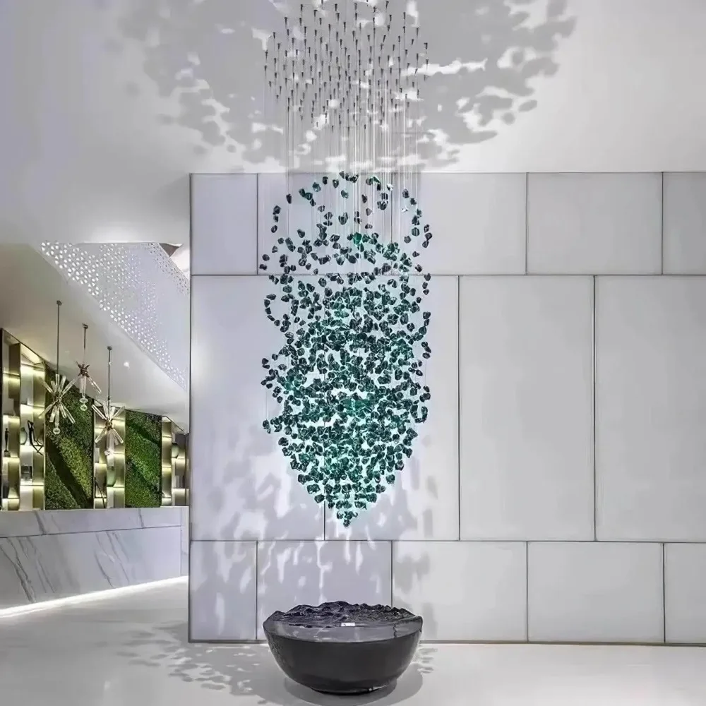 Luxury Large Green Crystal Stone Chandelier for Lobby Loft Staircase Project Modern LED Color Crystal Hanging Chandelier Custom
