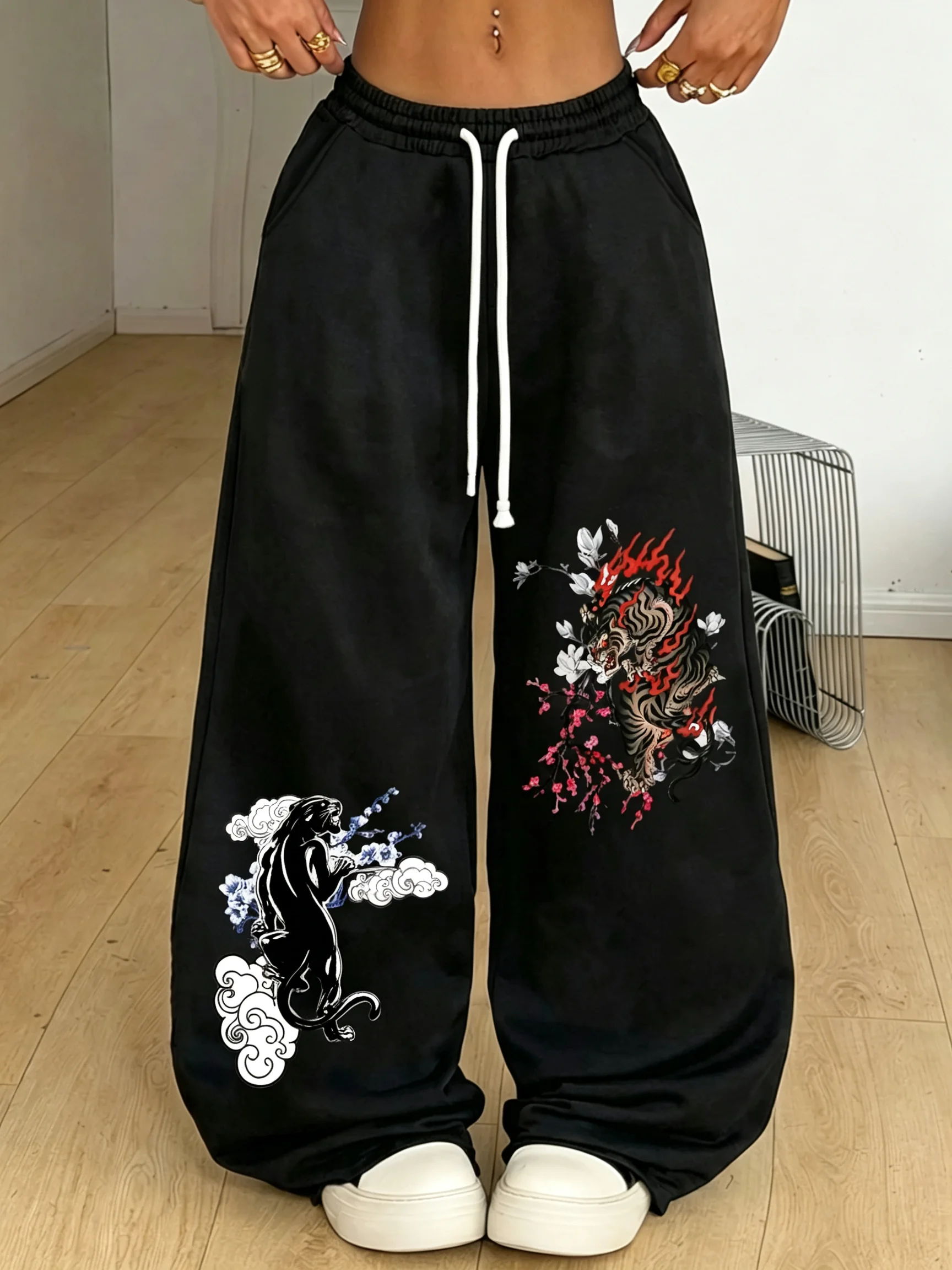 New Arrival Sakura Oriental Art Print Unisex Jogger Straight‑Leg Pants for Streetwear Hip Hop Festival Daily Casual Outfit