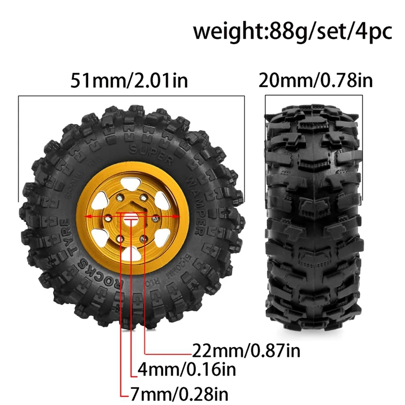4pcs 63mm 1.0inch Metal Beadlock Wheel Tire Set for 1/18 TRX4M SCX24 RC Crawler Car Upgrade Parts-ABFT